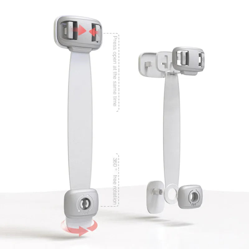 Adjustable child safety strap lock for cabinets and drawers in grey or green