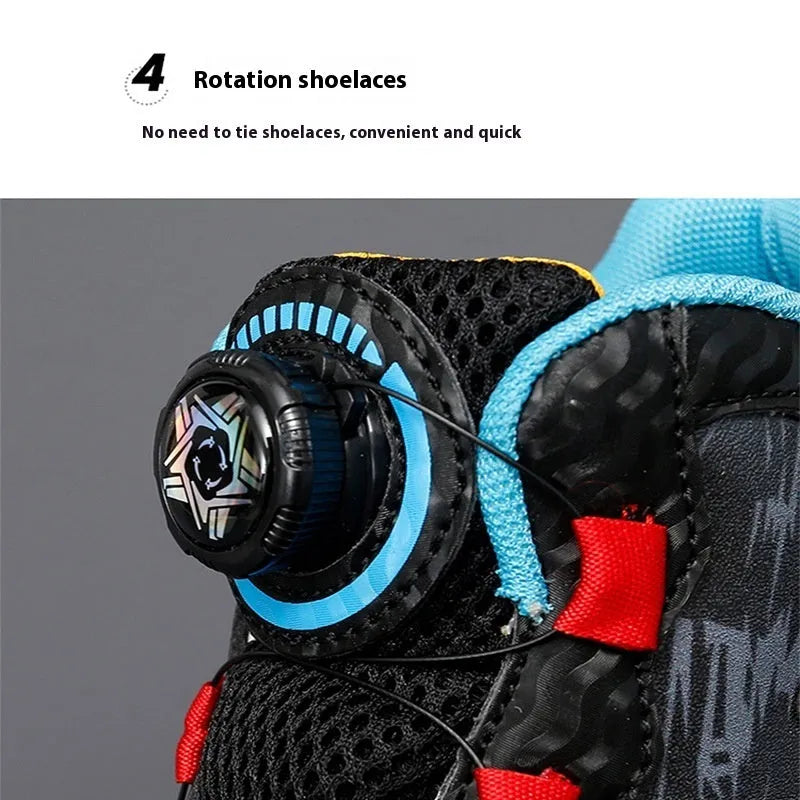 Children's rotating button basketball shoes in multiple colours with waterproof feature and PU sole