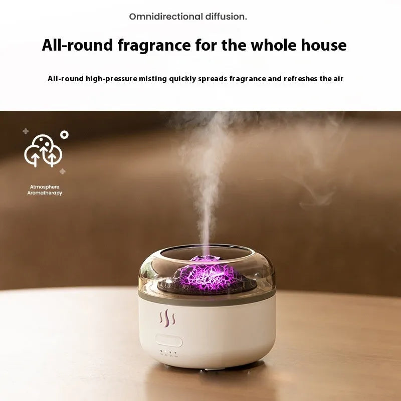 Simulation flame aroma diffuser in milky white plastic, round shape, with USB cord and water reservoir