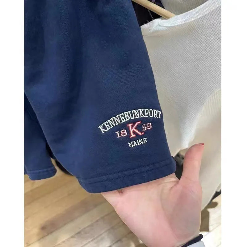 Women's cotton sports hot pants with white flag embroidery in high-top style, dark blue and navy blue options
