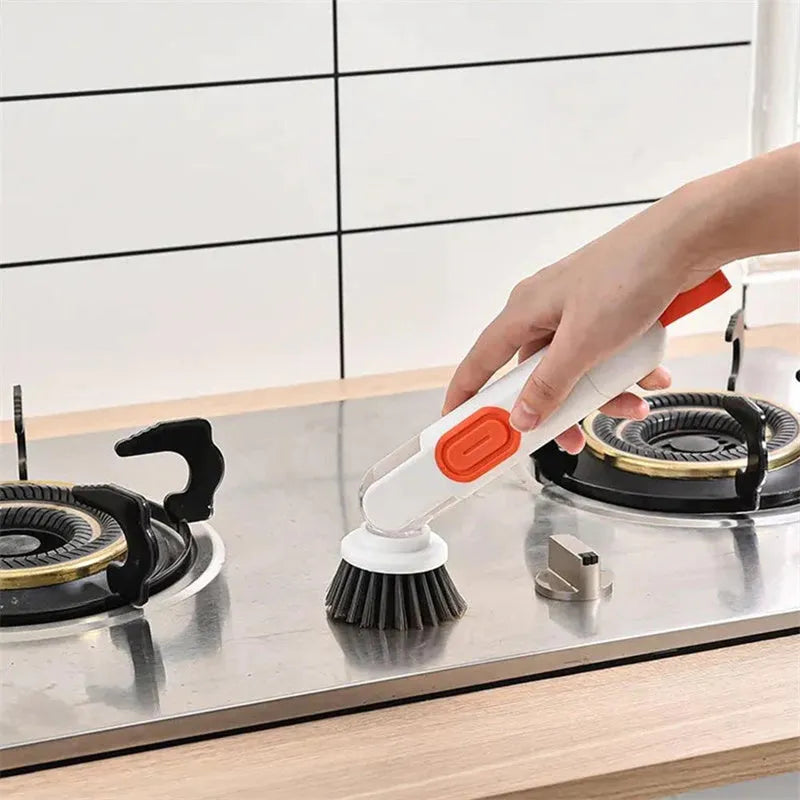 Long-handle kitchen cleaning brush with liquid dispenser and two brush heads in white and green colour