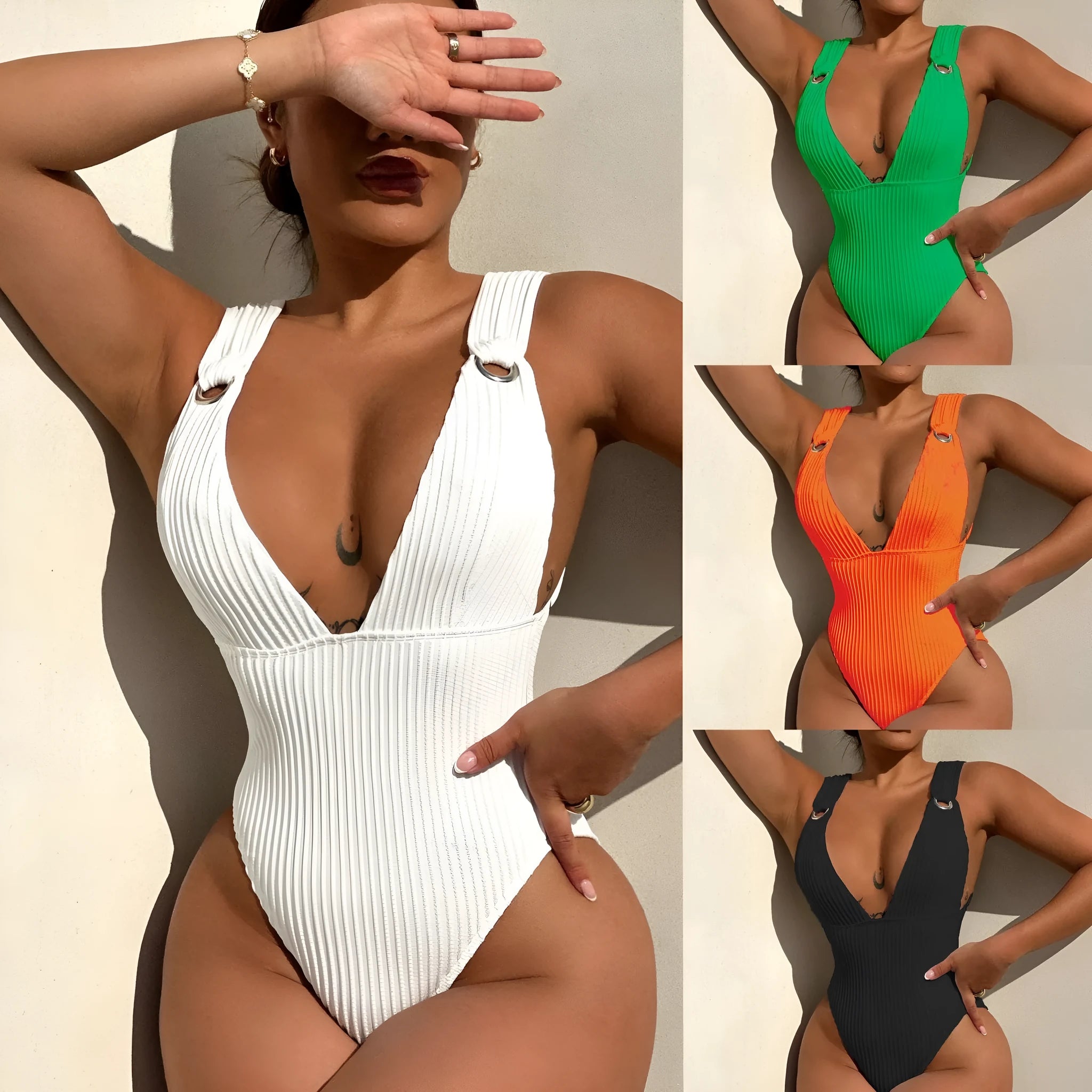 Women's solid colour one-piece swimsuit in black white green or orange with Spandex lining