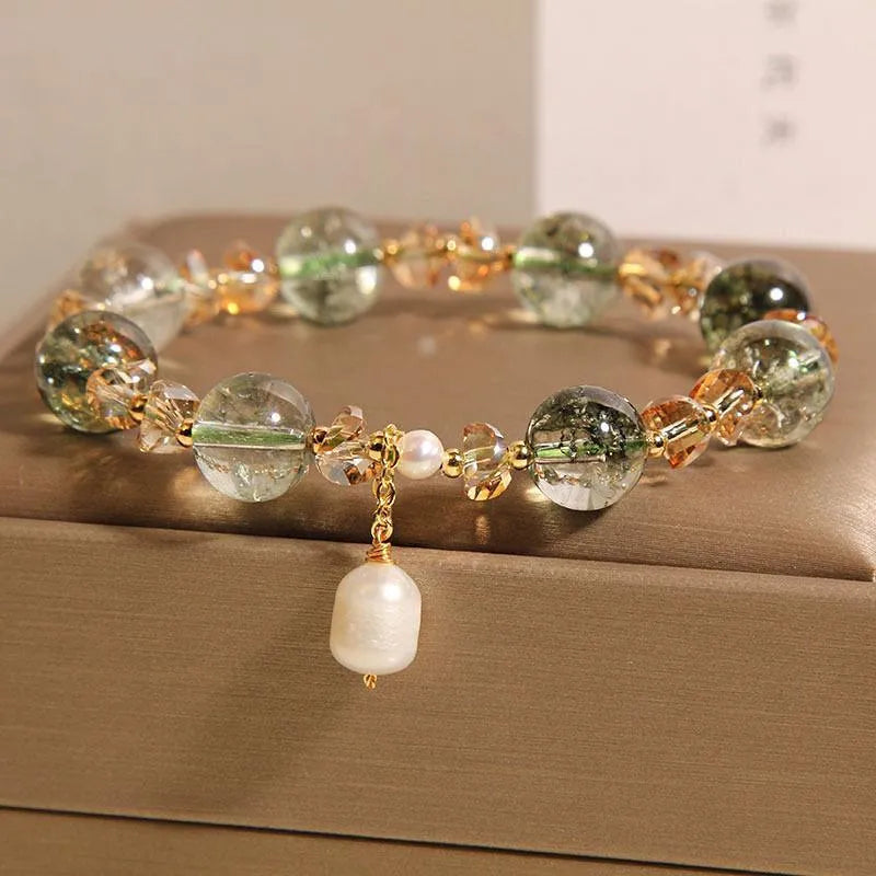 Women's natural chorite crystal bracelet with green phantom quartz stones and high-grade pearl accents
