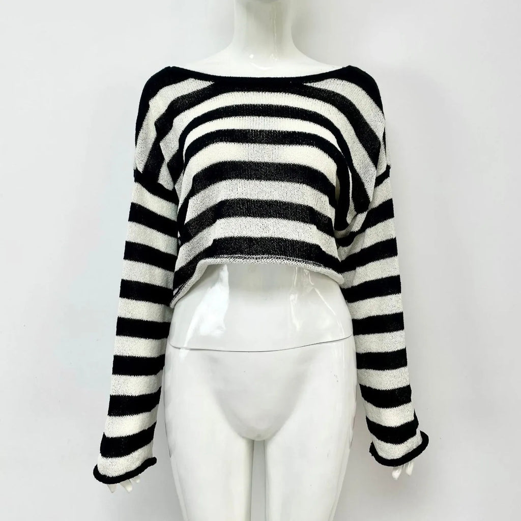 Striped long-sleeved sweater with front and back wearable design in mercerised cotton