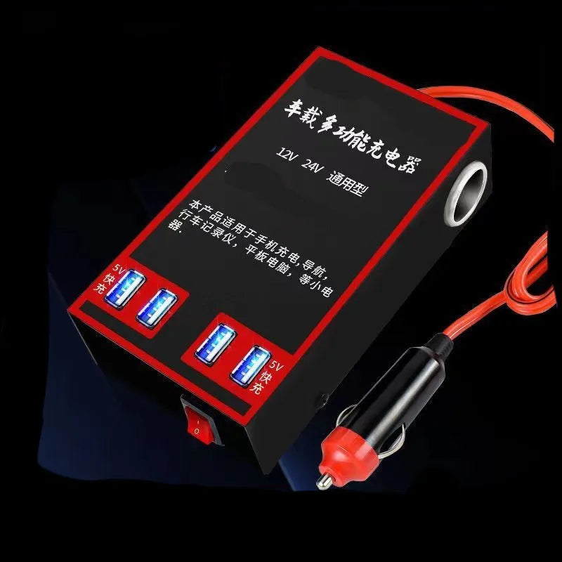 Black automotive power converter for 12V/24V to 220V transformation with USB charging ports