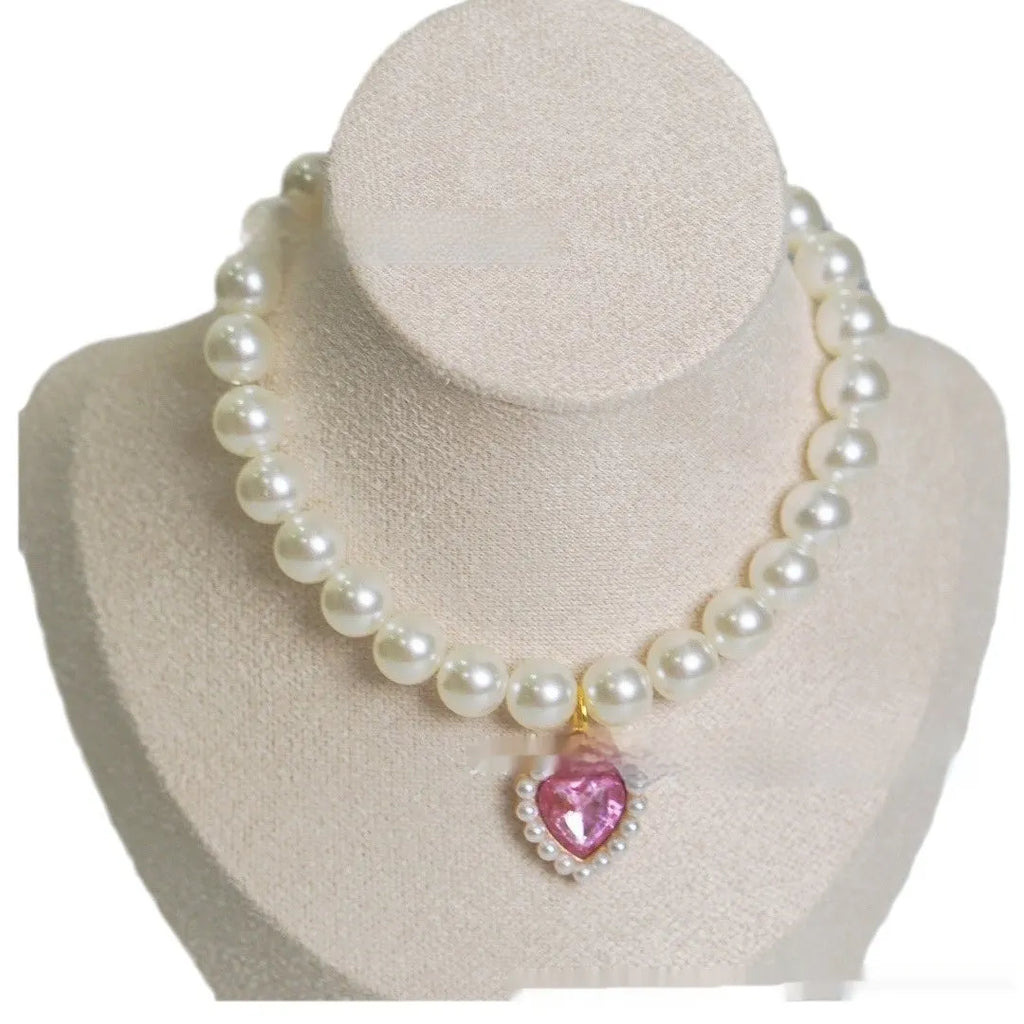 Decorative pearl and love gem cat collar necklace in a choice of colours on size guide.