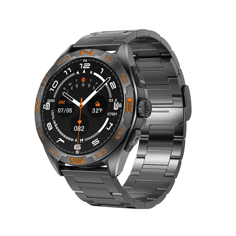 Black smartwatch on wrist displaying health stats, with options in silver, black steel, and silver steel finishes.