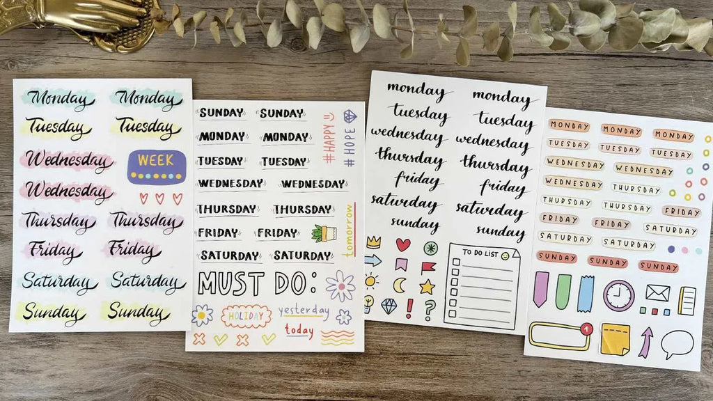Sheets of cute printed stickers showing English letters A to Z, numbers, symbols, and weekly words like Monday and Friday.