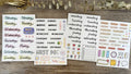 Sheets of cute printed stickers showing English letters A to Z, numbers, symbols, and weekly words like Monday and Friday.