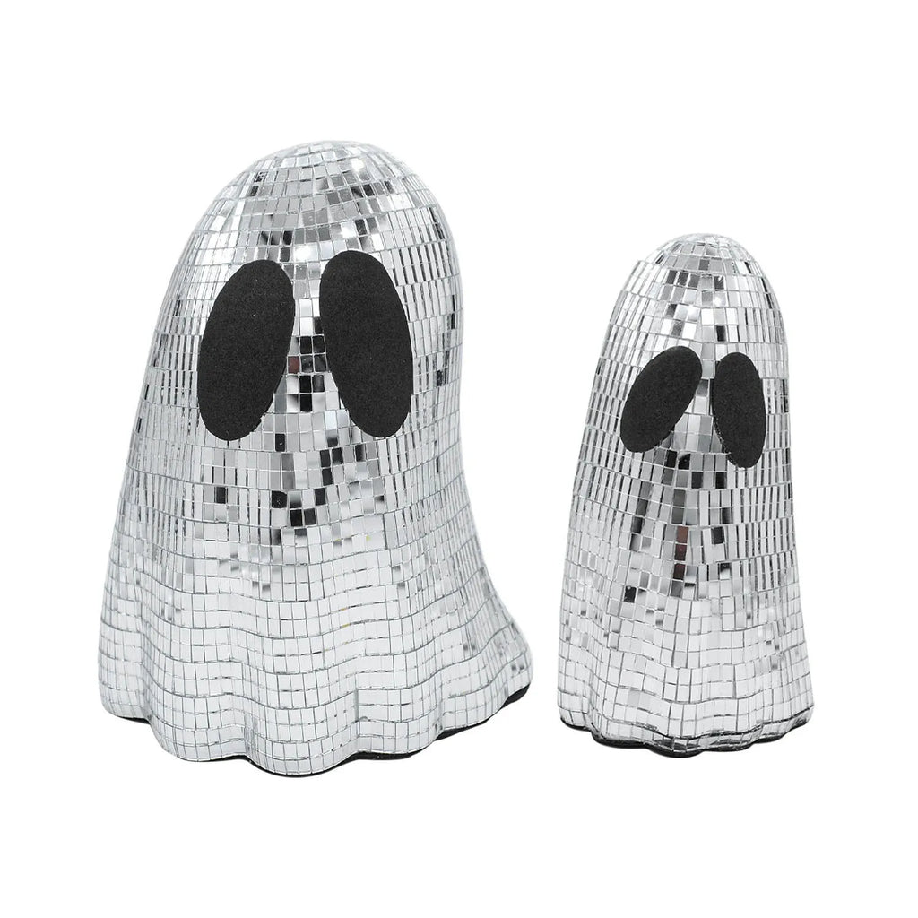 Silver Halloween ghost desktop decoration made from reflective embroidered glass in large and small sizes
