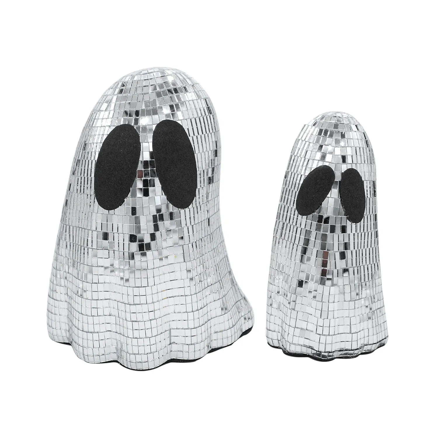 Silver Halloween ghost desktop decoration made from reflective embroidered glass in large and small sizes