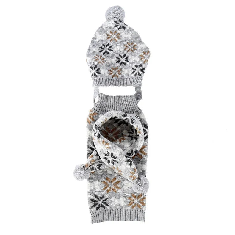 Grey Japanese retro jacquard pet sweater, hat, and scarf set for a small dog