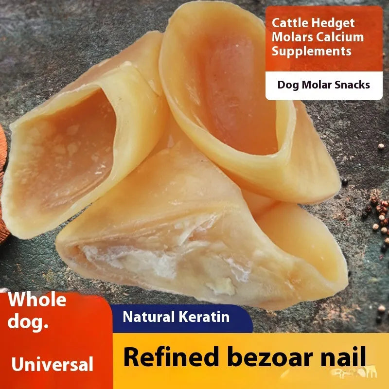 Natural cowhide dog chew with hoof shell texture in small and large sizes for dogs.