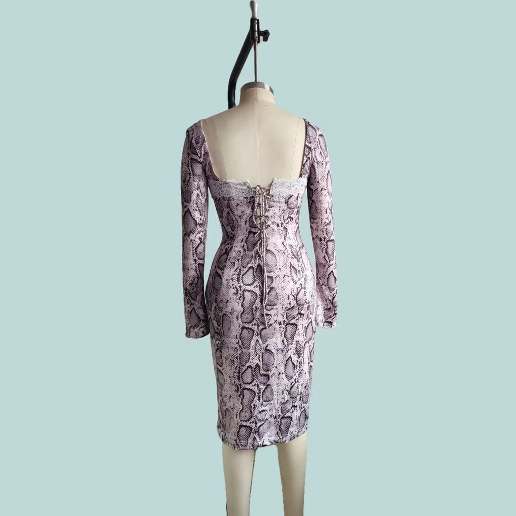 Grey slim fit lace dress with 3D digital pattern and a-line skirt silhouette
