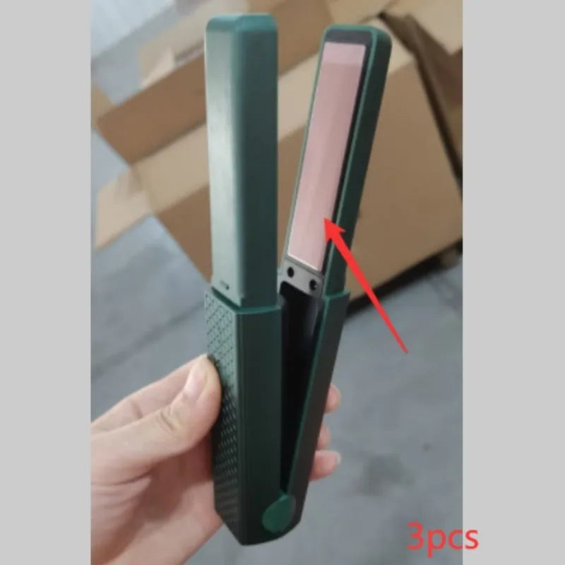 Pink and green cordless USB hair straightener with ceramic plates and digital temperature display