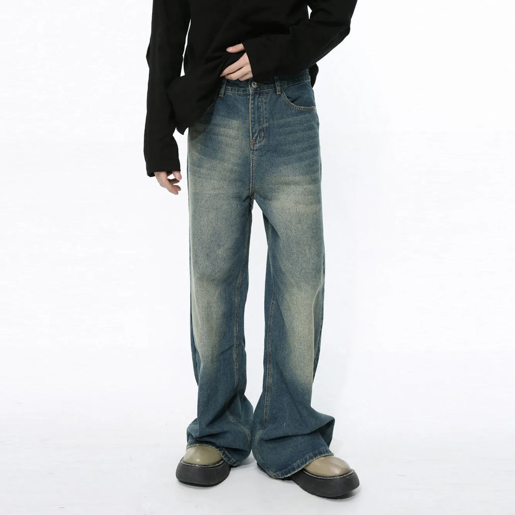 Men's retro washed straight casual jeans in cotton blend, mid waist, zipper fly, five colour options