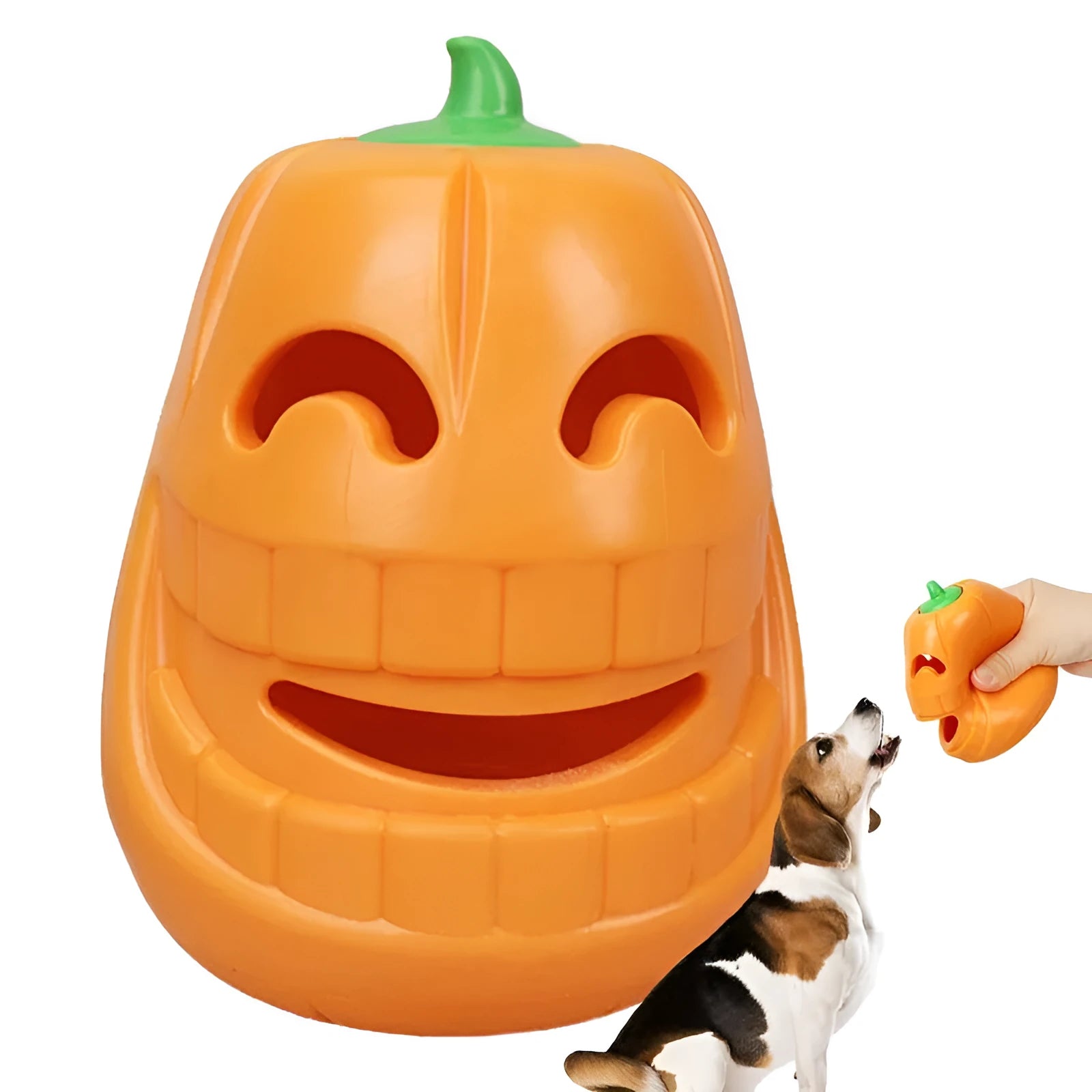 Yellow pumpkin-shaped TPR dog chew toy for aggressive chewers on a white background.