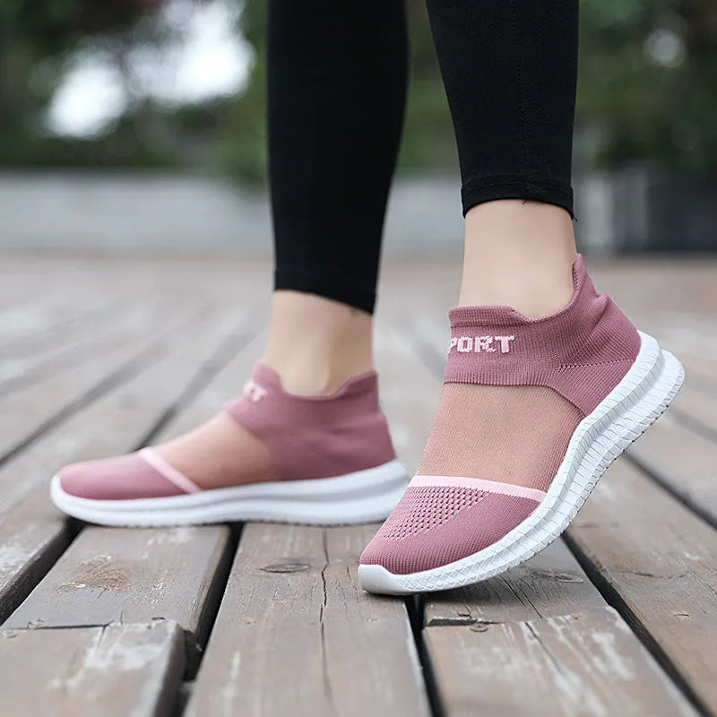 Casual Flyknit sock shoes in khaki colour with round toe and flat low heel.