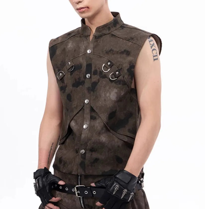 Men's camouflage denim vest and matching trousers in American retro Korean style with semi-high collar