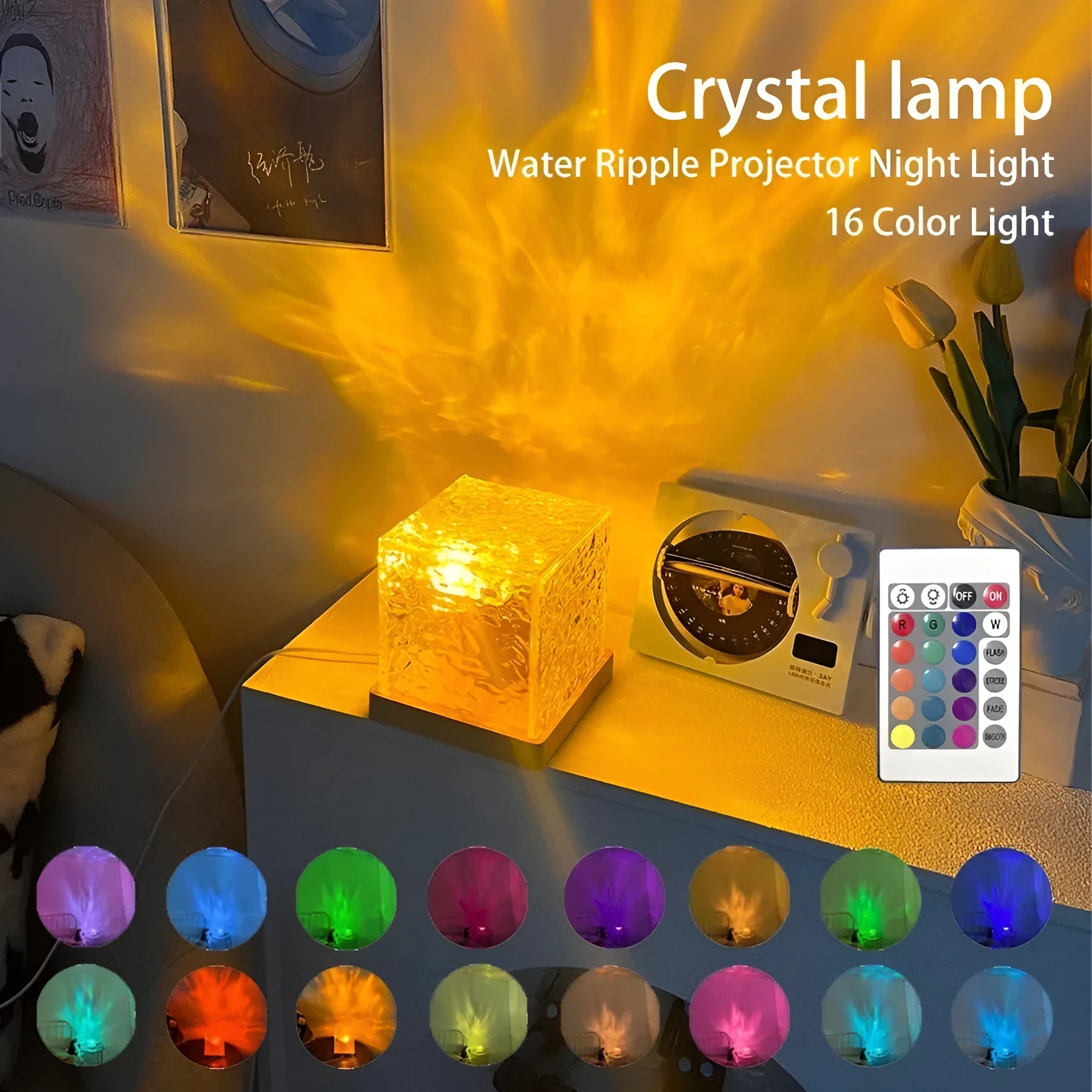 Crystal table lamp projecting blue water ripple light effect onto a wall, with remote control.