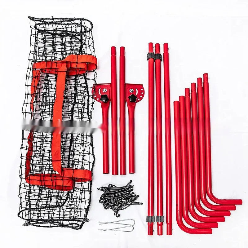 Red adjustable baseball training net with metal frame set up in a garden.