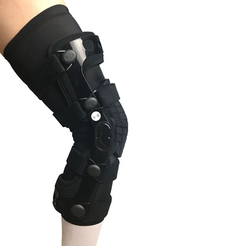 Black anterior ligament knee pad supporter showing multi-material construction and sizing options