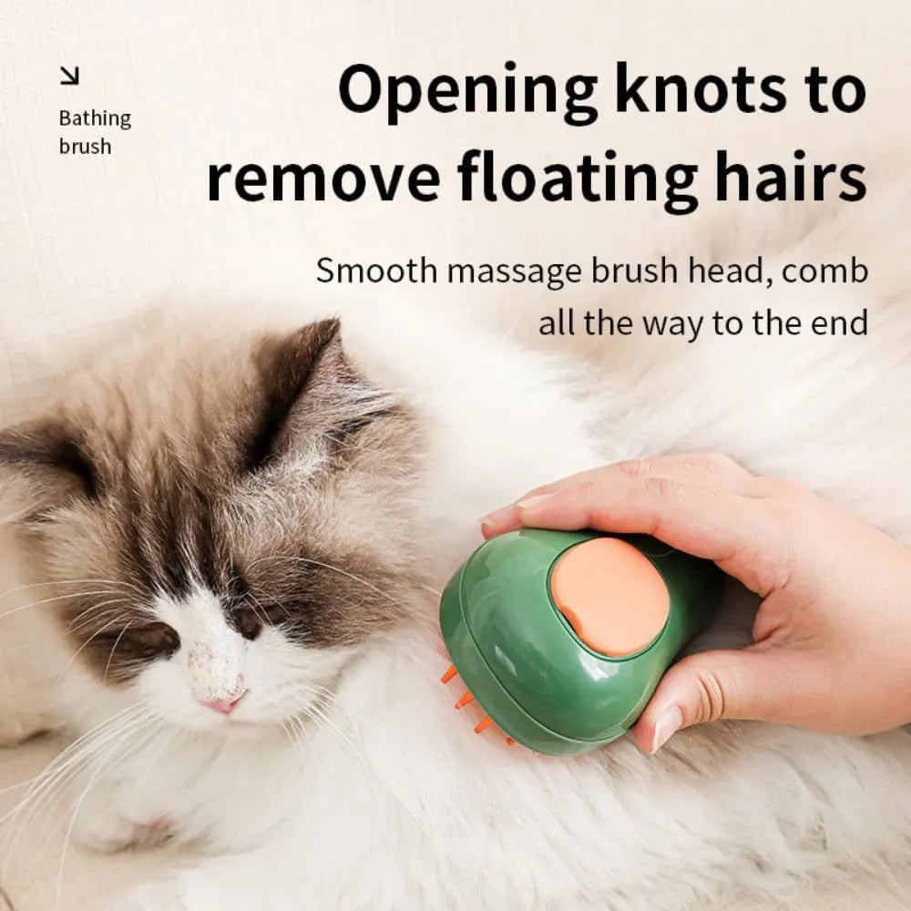 Green and white rechargeable cat steam brush with water spray function and silicone teeth