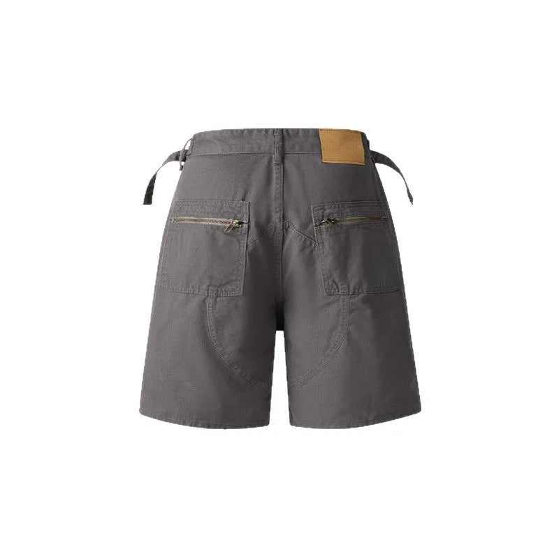Retro-style washed cotton work shorts in loose fit shown in grey, green, camouflage and blue colour options.