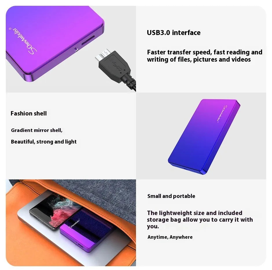 Purple 1TB external mobile hard disk with plastic shell and leather bag packaging on plain background