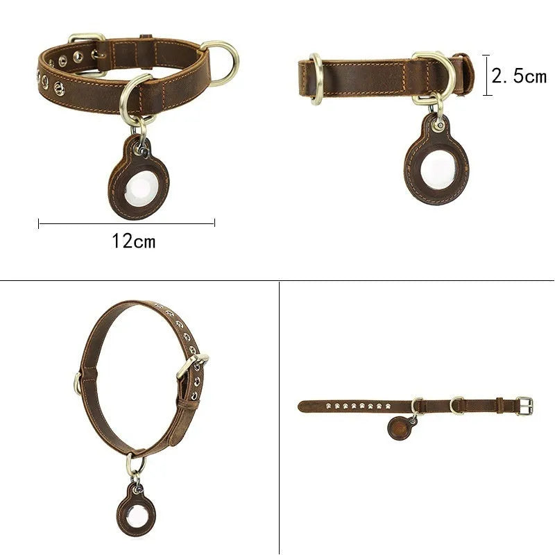 Brown retro double-sided cowhide dog collar with handmade halter positioning system