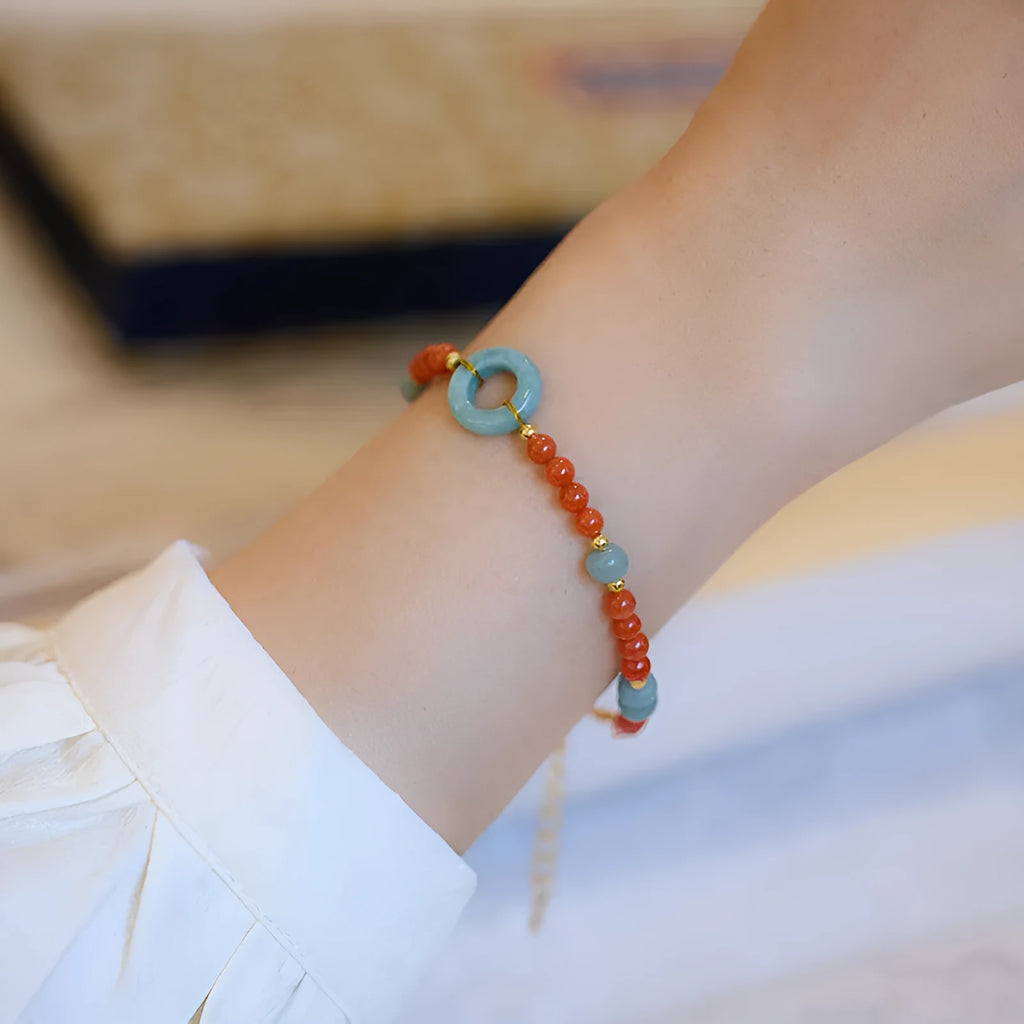 Women's south red agate bracelet with geometric patterns and adjustable safety buckle closure