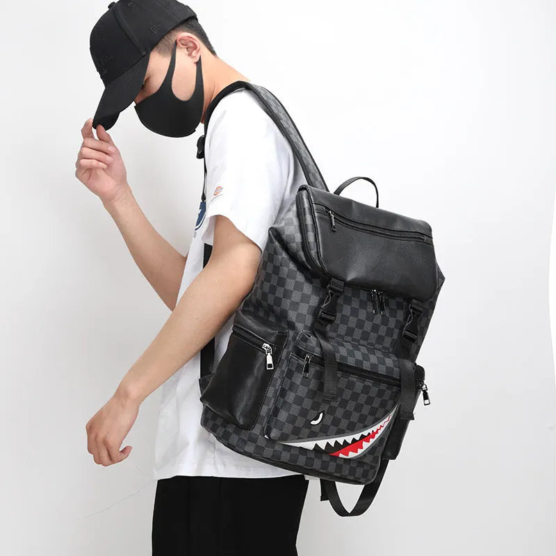 Korean style casual checkered printed backpack in black PU leather with curved shoulder straps.