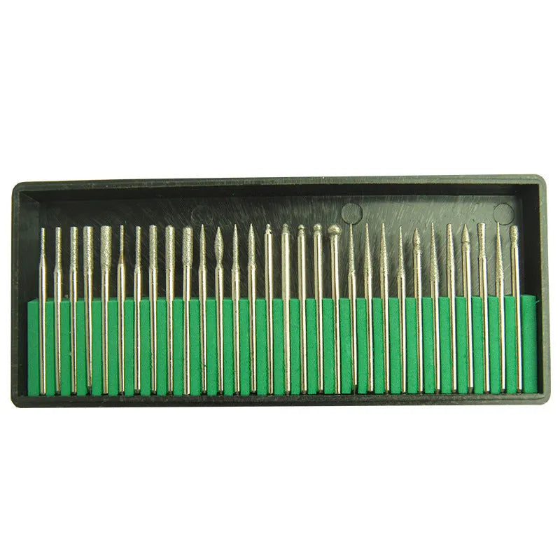 30-piece nail polishing head set with diamond, flint, and wool bits on a white background