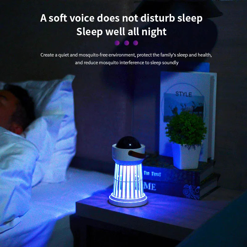 White electric mosquito killer lamp with star projection feature and folding handle for indoor and outdoor use.