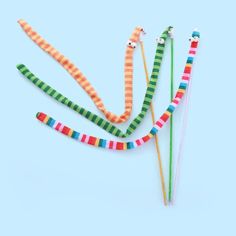 Cat wand teaser toy with colourful plush strip and bell on a polycarbonate pole.