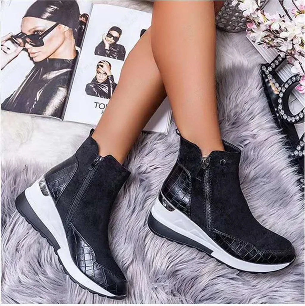 Womens black wedge platform ankle boots with suede look, side zipper, and cotton lining