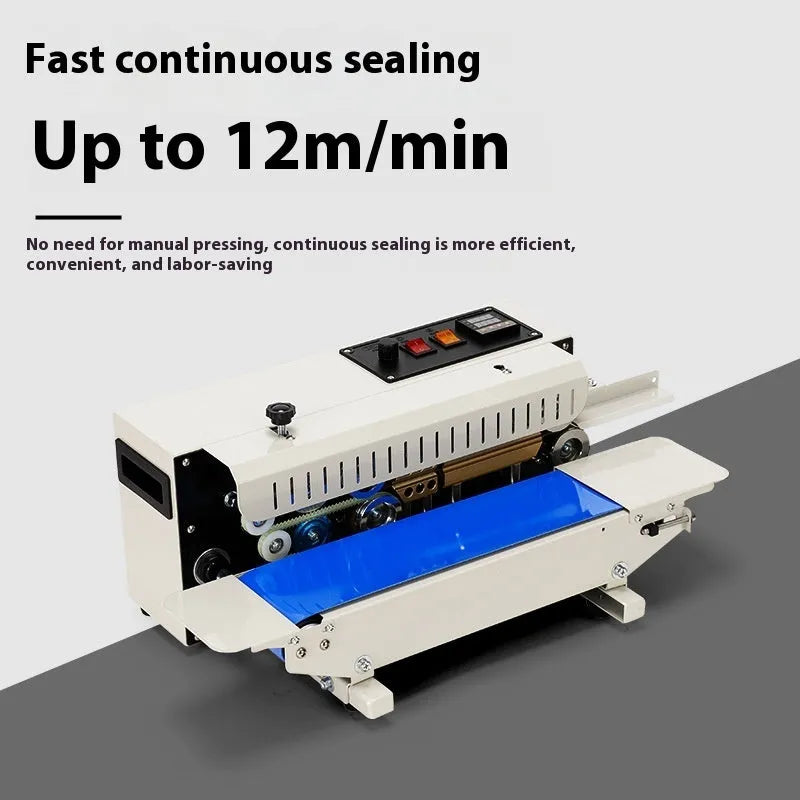 Mini steel sealing machine on a countertop, showing the printable date feature on the sealing head.
