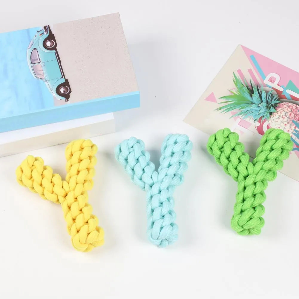 Blue Y-shaped cotton rope dog chew toy for large dogs on a white background.