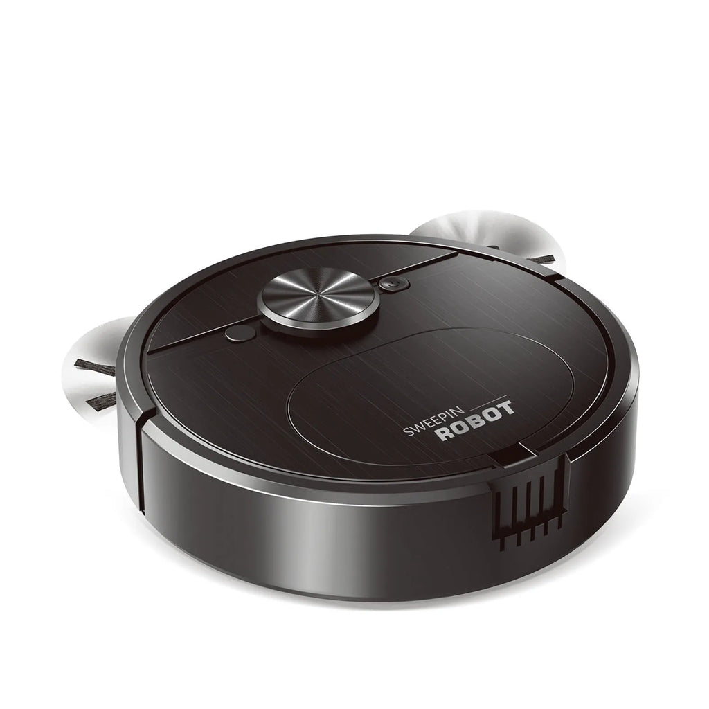 Three-in-one automatic robot floor cleaner with USB charging cable and cleaning accessories on hardwood floor.