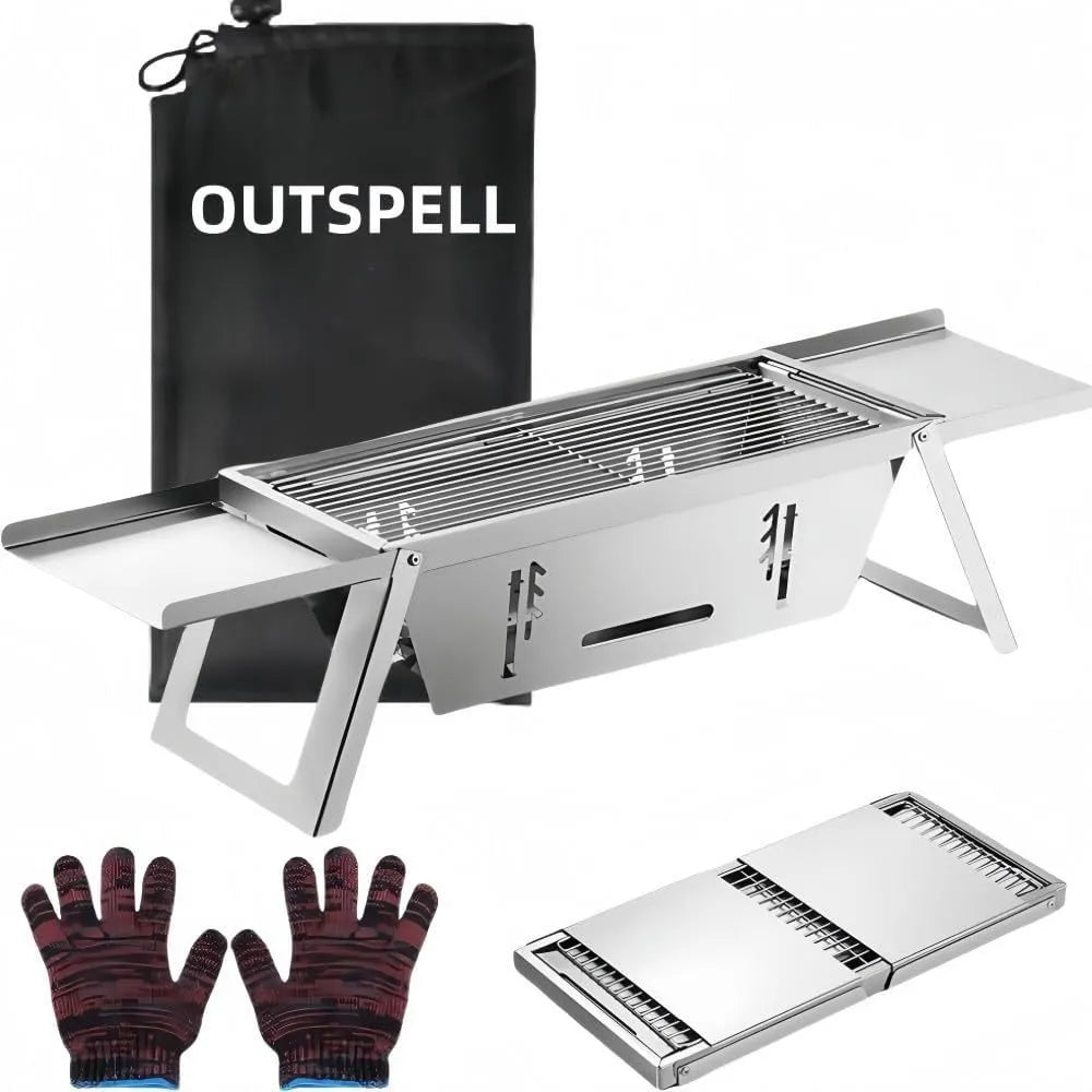 Small portable charcoal grill with foldable legs, shown collapsed for storage.