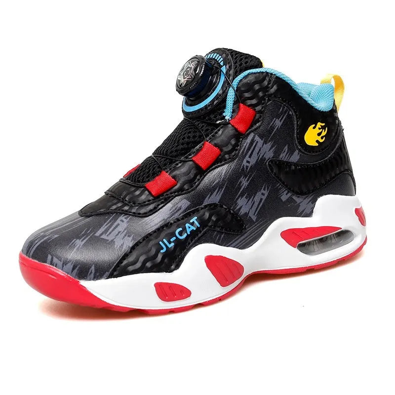 Children's rotating button basketball shoes in multiple colours with waterproof feature and PU sole
