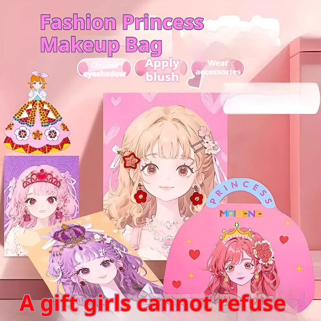 Children's paper princess makeup bag sticker toy with antique princess style, including stickers and mesh bag