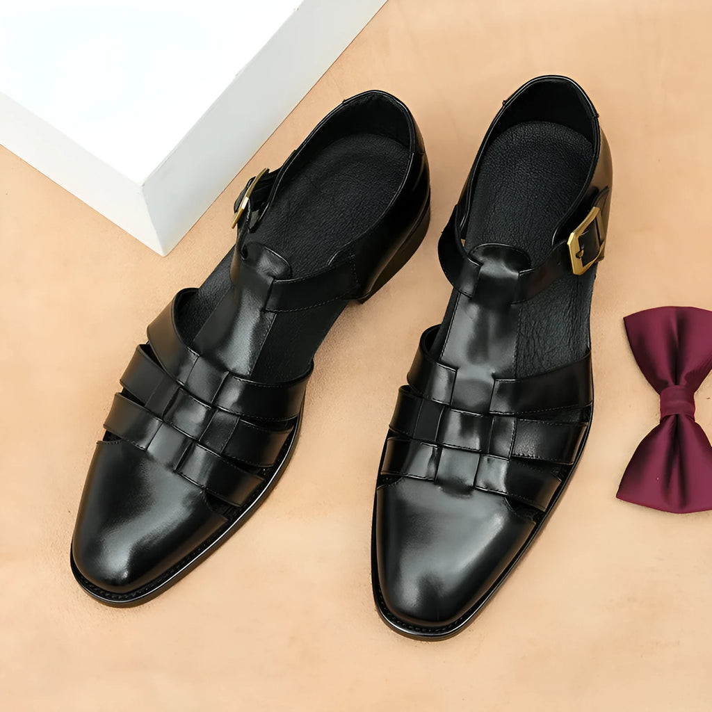 Men's black genuine leather retro business sandals with rubber sole showing size tag