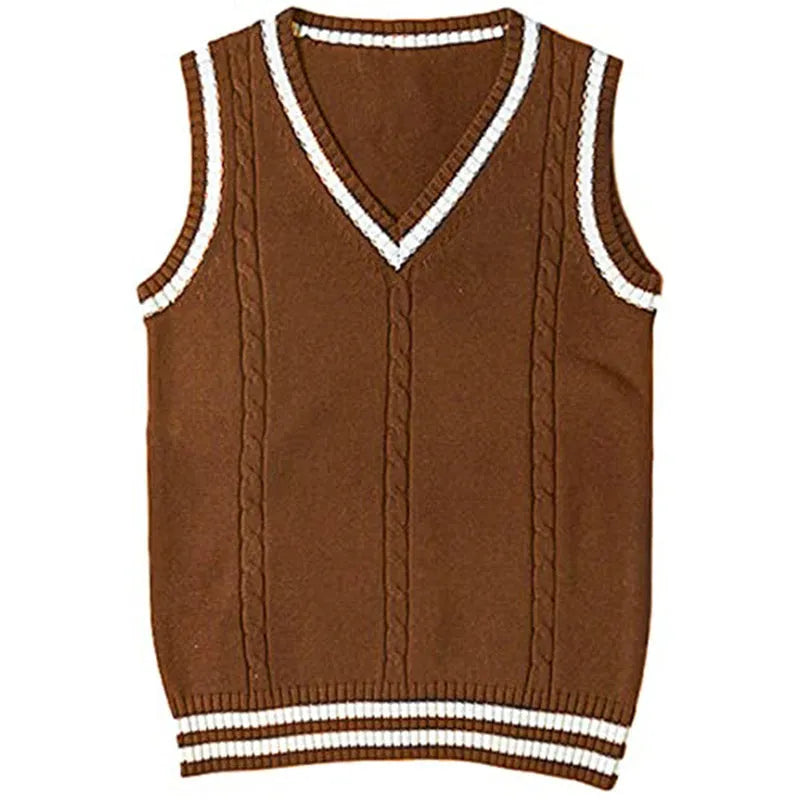 Women's black knitted V-neck waistcoat sweater with striped stitching detail