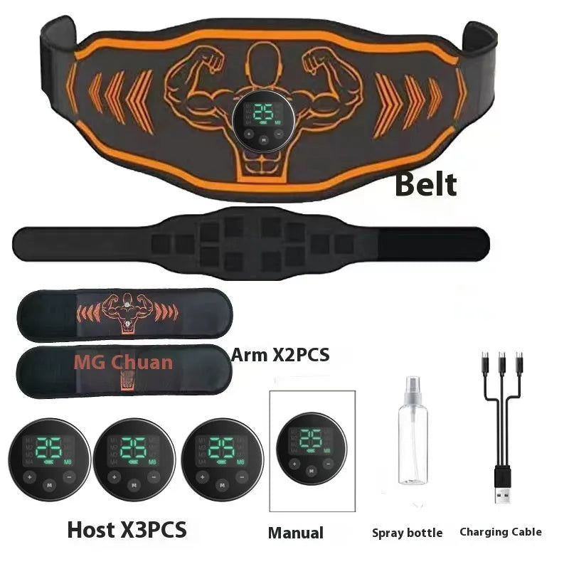 Blue and orange rechargeable EMS smart massage belt with arm electrodes on a white background.