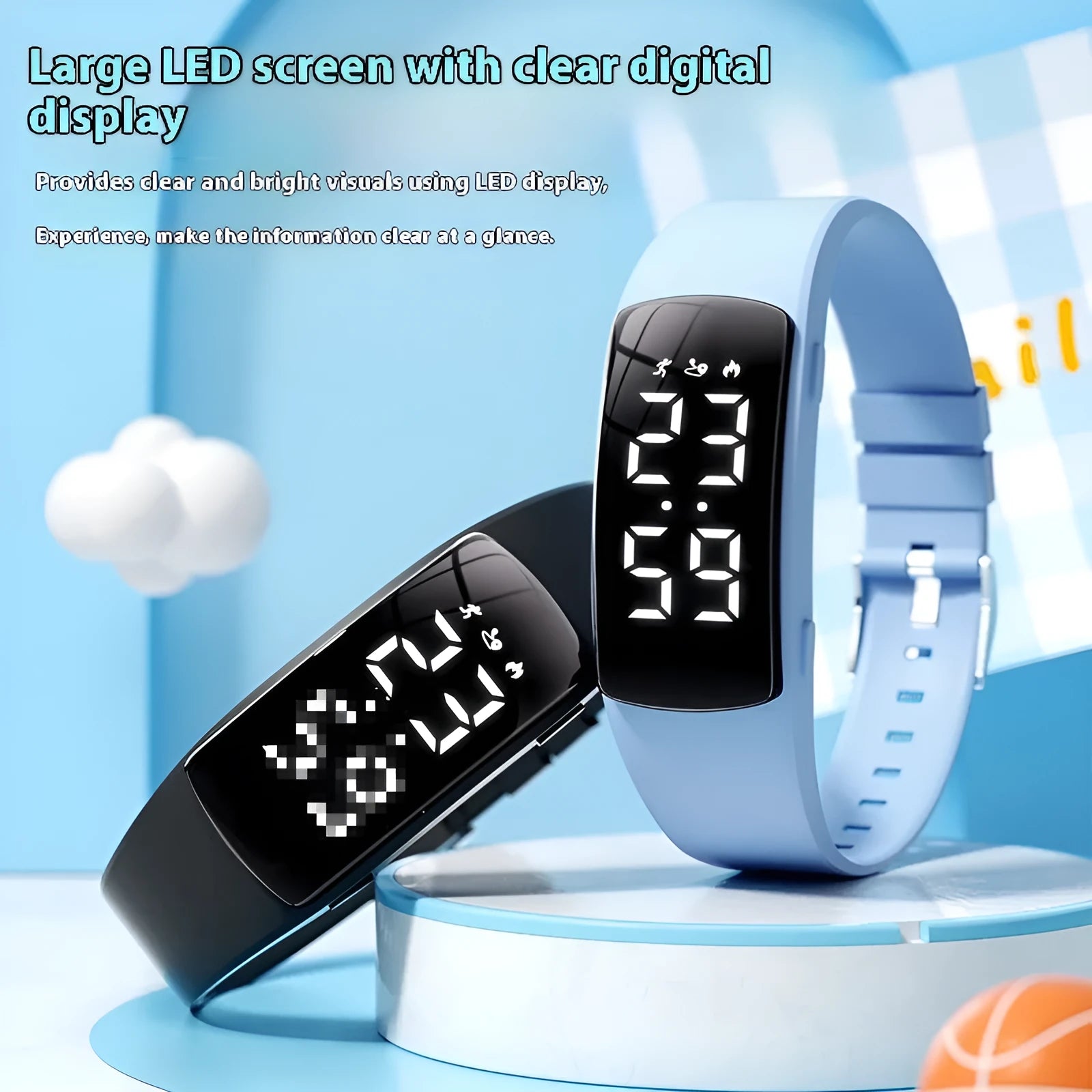 Smart electronic watch with colour options on a silicone strap, showing its LED display and slim profile.