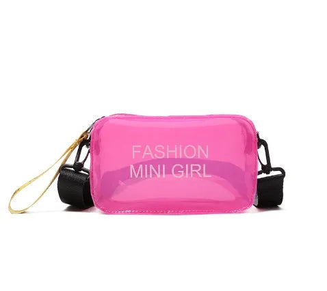 Transparent square jelly shoulder bag with diagonal cross design and adjustable strap