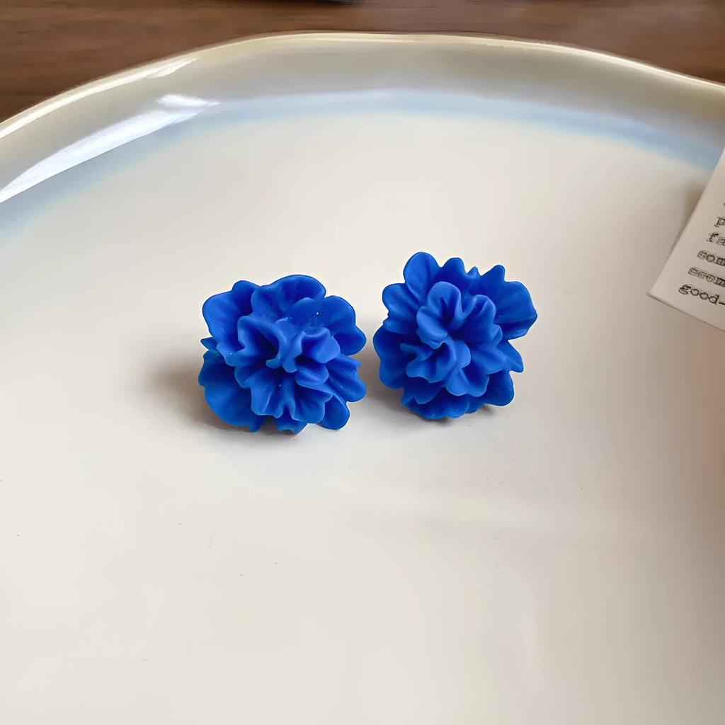 Handmade geometric cloth women's earrings in silver needle-blue resin flower colour.