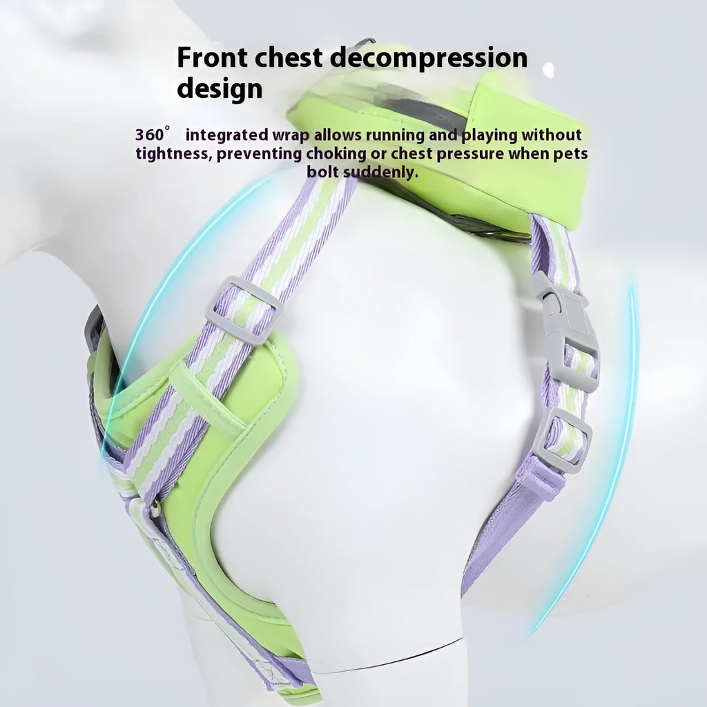 Explosion-proof anti-strangulation dog harness made of Oxford cloth with a 1.5m lead, shown in green.