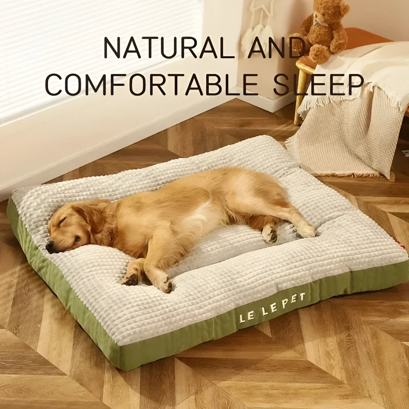 Coffee-colour removable fleece dog bed with cushion shown in medium size